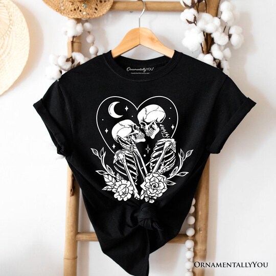 OrnamentallyYou; The Lovers Skeletons T-Shirt, Spooky Gothic Romantic Valentine Tee; Category:Halloween T-Shirts; Image:1